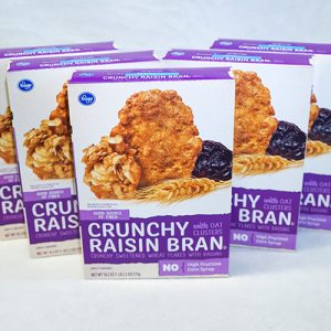 Boxes of crunchy raisin bran cereal.